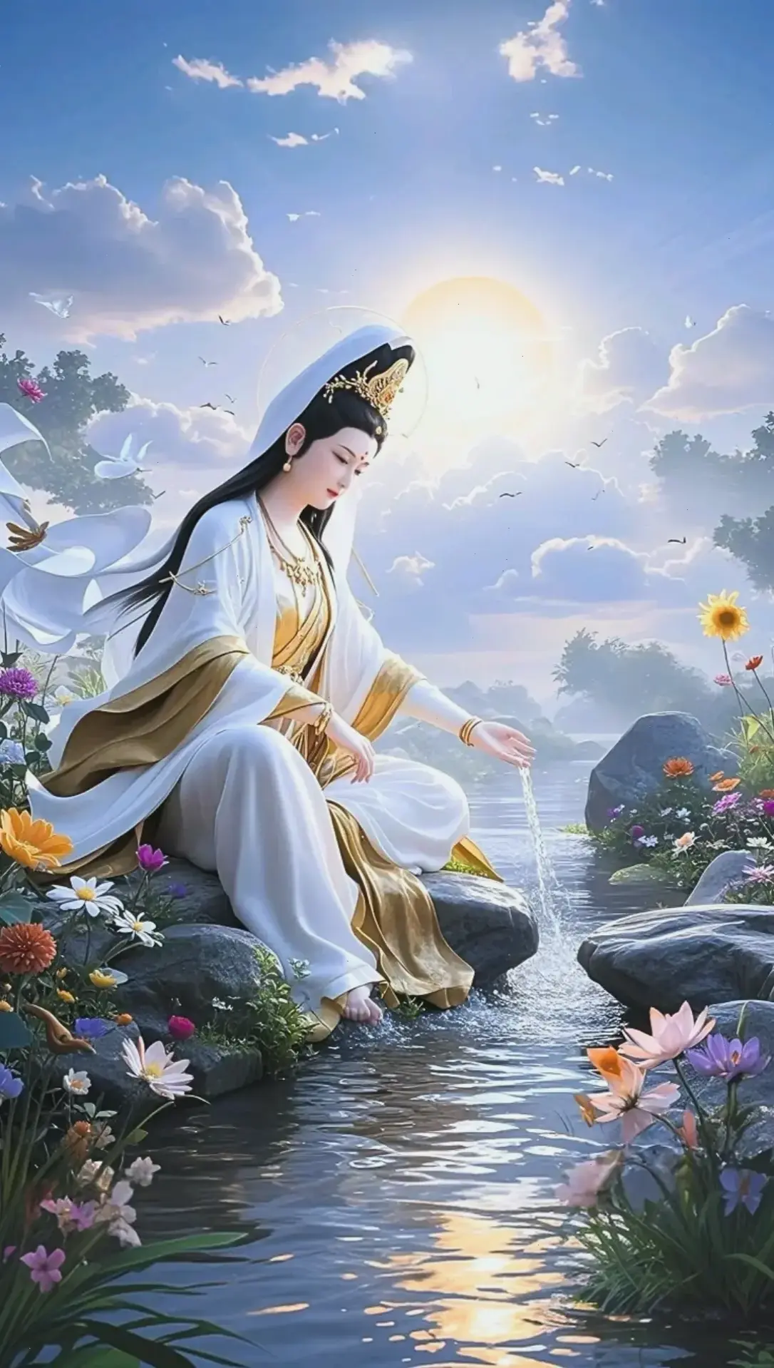 Ảnh Quan Âm trên mây bình an, mang đến cảm giác thư thái và sức mạnh bảo vệ cho tâm hồn bạn mỗi ngày.