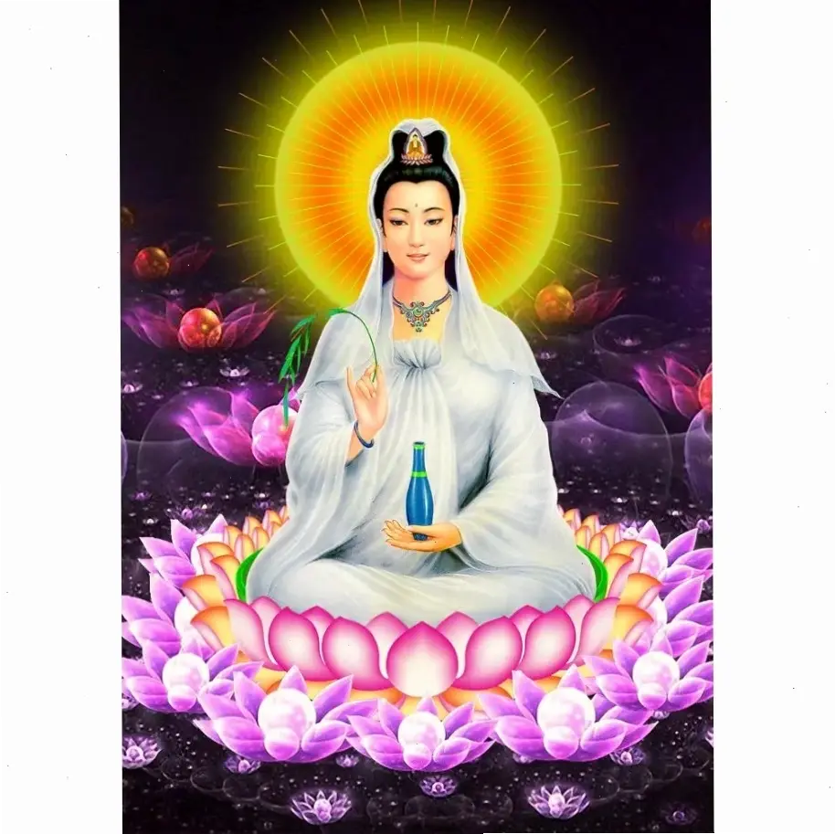 Quan Âm ánh sáng rực rỡ, chiếu sáng tâm hồn với lòng từ bi vô bờ, mang đến sự thanh tịnh tuyệt đối.