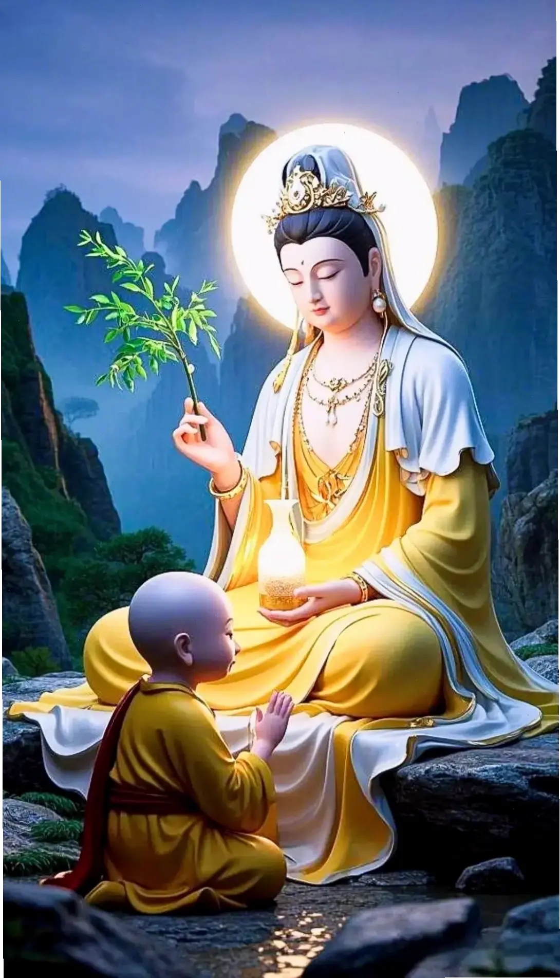 Tranh Quan Âm trên núi nghệ thuật, kết hợp thiên nhiên và tinh thần Phật giáo, truyền cảm hứng sáng tạo.