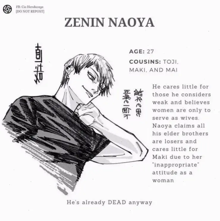 Naoya Zenin: Chiến binh xuất sắc từ gia tộc Zenin, luôn sẵn sàng đối mặt với kẻ thù trong thế giới Jujutsu Kaisen.