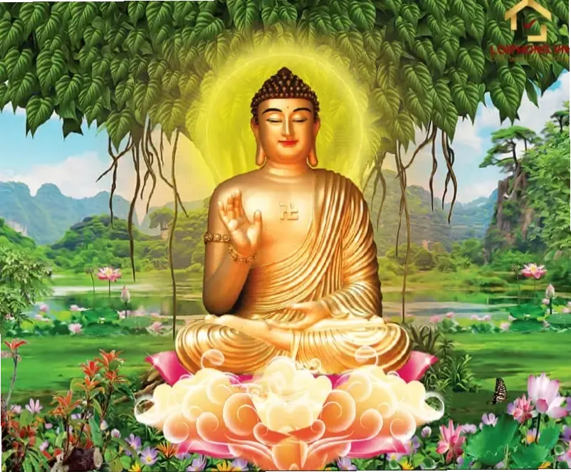 A Di Đà thiền định giữa vườn hoa, truyền cảm hứng cho hành trình nội tâm và sự tĩnh lặng của tâm hồn.