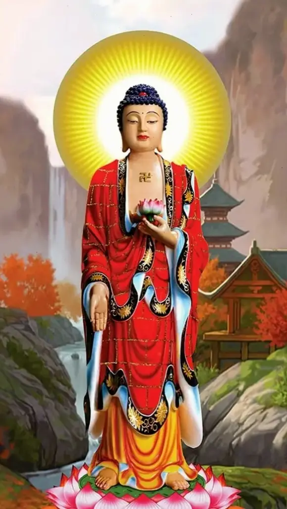 A Di Đà thiền dưới ánh sáng rực rỡ, giúp bạn khám phá hành trình nội tâm đầy năng lượng và sự tĩnh lặng.