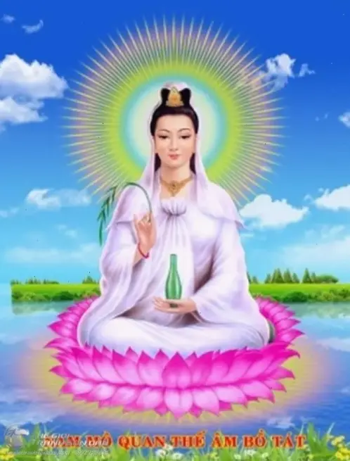 Ảnh Quan Âm cầm bình an, hình ảnh ấm áp truyền tải sự bình an và từ bi, lý tưởng cho không gian thư giãn.