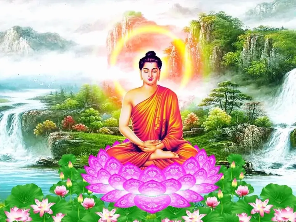 Ánh sáng huyền ảo quanh Phật Thích Ca, truyền năng lượng tích cực và sự thanh tịnh, giúp bạn thư giãn sâu.