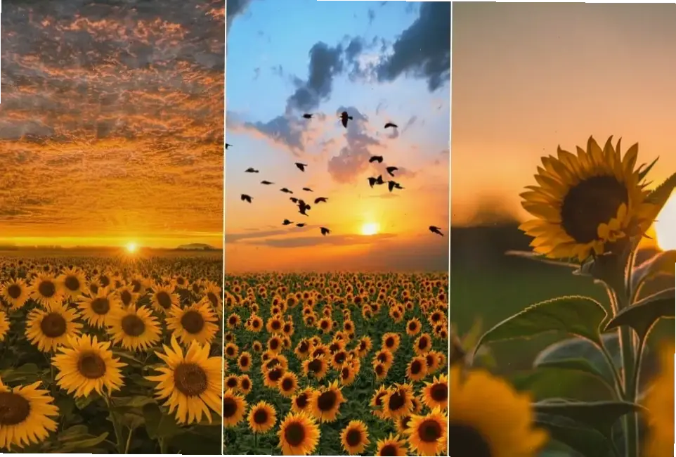 Cánh đồng hoa hướng dương lung linh lúc bình minh, bức tranh thiên nhiên hùng vĩ và đẹp đẽ.