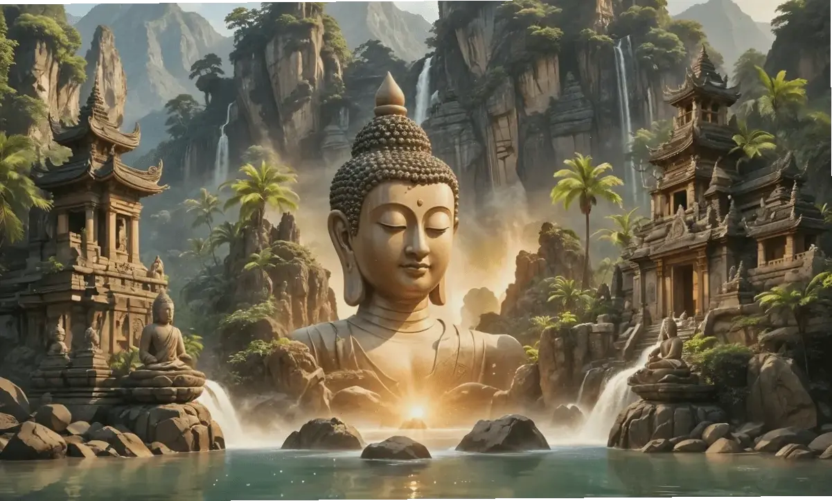 Hình ảnh chùa Phật Mông Cổ linh thiêng, nơi vẻ đẹp thiên nhiên gặp gỡ sự tĩnh lặng và giác ngộ.