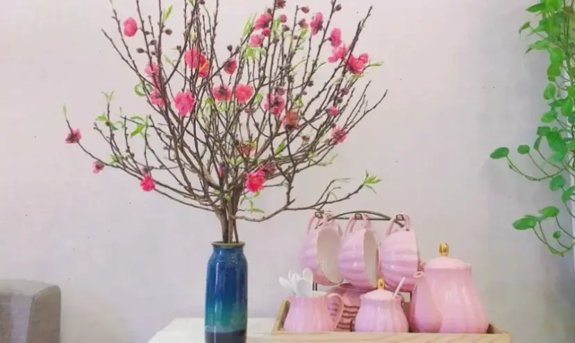 Hoa đào cắm bình bó hoa, mang vẻ đẹp thanh lịch và tươi mới đến bàn làm việc hay phòng khách.