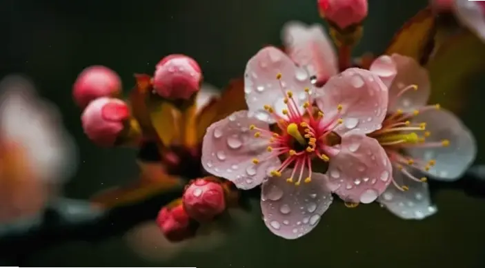 Hoa đào hồng phấn chụp macro: Màu sắc dịu dàng, chi tiết sống động, tô điểm không gian lãng mạn mùa xuân.