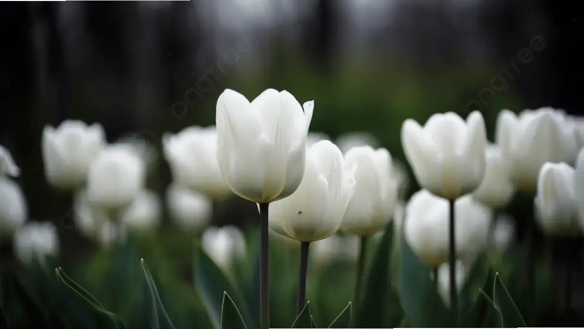 Hoa tulip trắng tinh khôi nở rộ, mang đến sự thanh lịch và bình yên cho không gian sống.