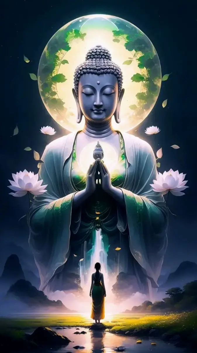 Phật A Di Đà trong tư thế thiền định trên hoa sen, giúp bạn kết nối với nội tâm, tìm thấy sự an lành và trí tuệ.