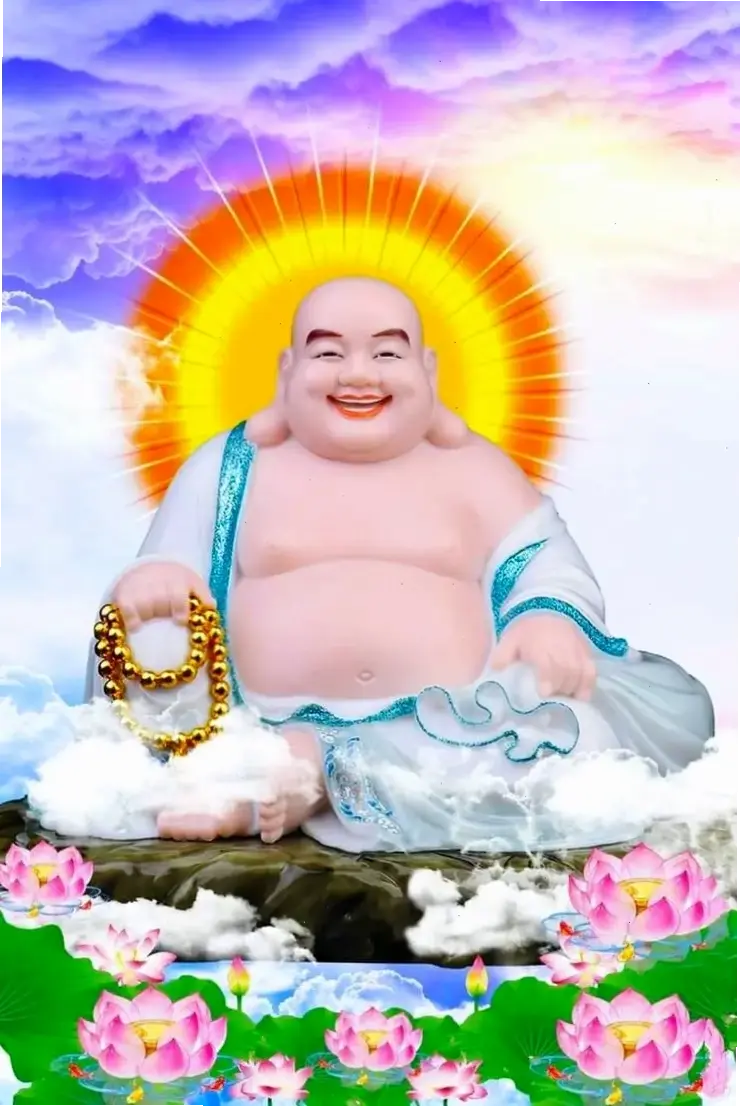 Phật Di Lặc cười trên mây, nụ cười rạng rỡ lan tỏa hạnh phúc và sự thư thái cho tâm hồn.