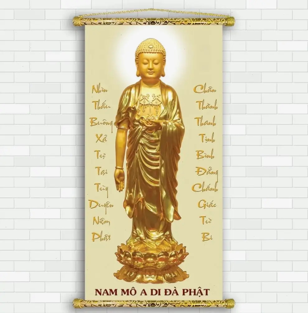 Tranh A Di Đà đứng nghệ thuật truyền tải thông điệp yêu thương, mang lại cảm hứng và sự bình yên qua từng nét vẽ.