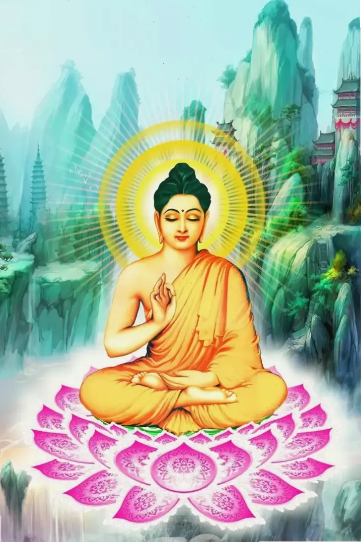 Tranh Phật Thích Ca trên núi đẹp mê hồn, kết hợp nghệ thuật và tinh thần giác ngộ sâu sắc.