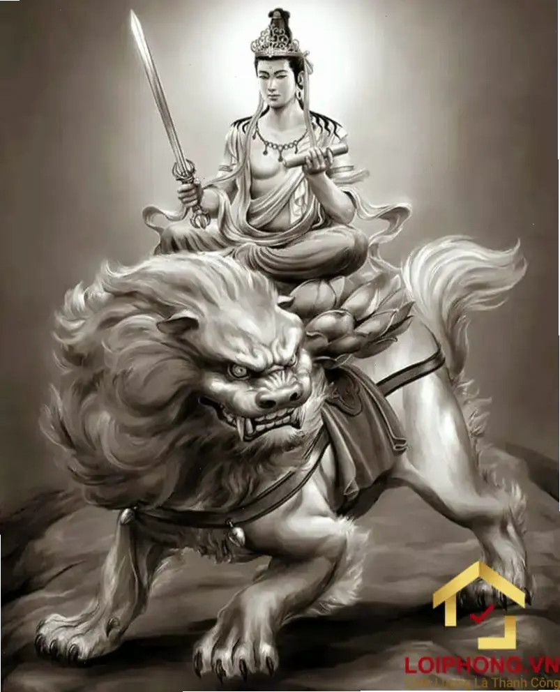 Tranh Văn Thù nghệ thuật, kết hợp vẻ đẹp và trí tuệ Phật giáo cổ điển.