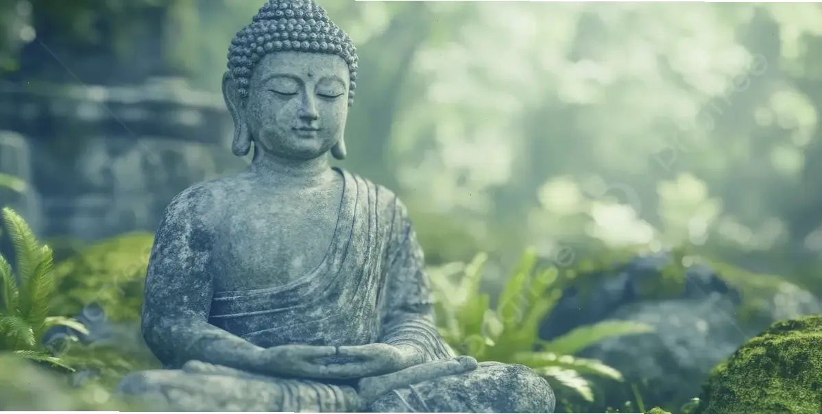 Tượng Phật Thích Ca uy nghiêm giữa rừng cây, biểu tượng giác ngộ và hòa hợp thiên nhiên, khơi dậy năng lượng tích cực trong tâm hồn.