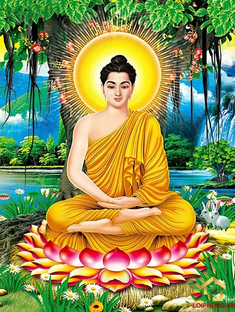 Tượng Phật Thích Ca uy nghiêm giữa vườn xanh, nguồn cảm hứng thanh tịnh và sâu lắng.