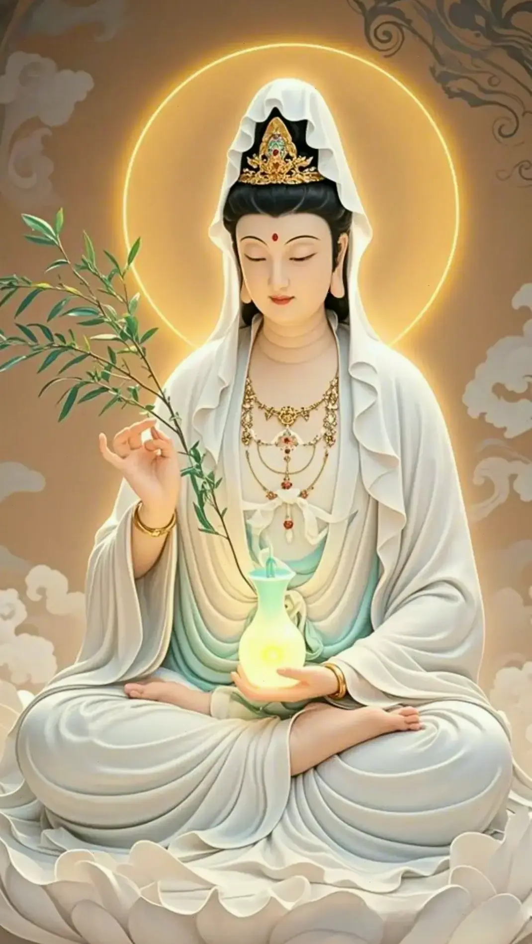 Tượng Quan Âm cầm bình – biểu tượng từ bi, mang năng lượng tích cực và sự an lành, lý tưởng cho góc thờ gia đình.