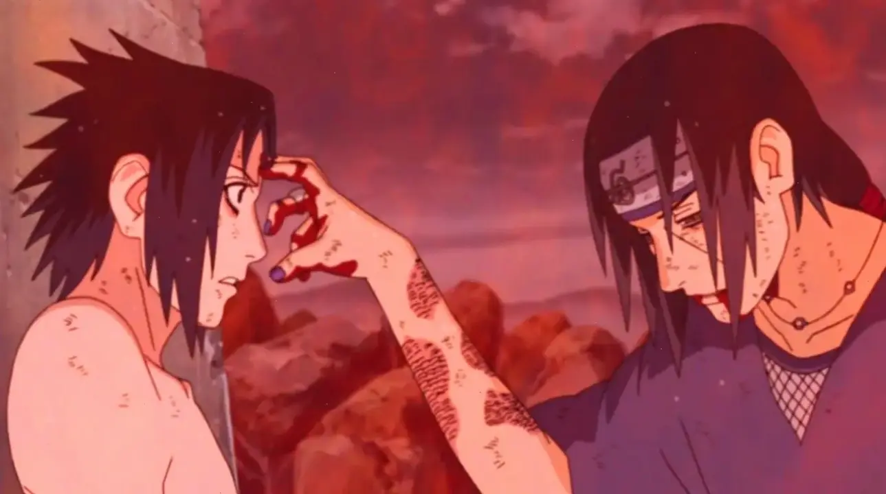 Cảnh Itachi Uchiha chết đầy nước mắt, biểu tượng hy sinh cao cả trong thế giới ninja Naruto.