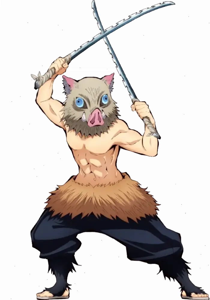 Hình ảnh Inosuke từ Demon Slayer, chàng trai mạnh mẽ với mặt nạ heo, luôn sẵn sàng chiến đấu bảo vệ mọi người.