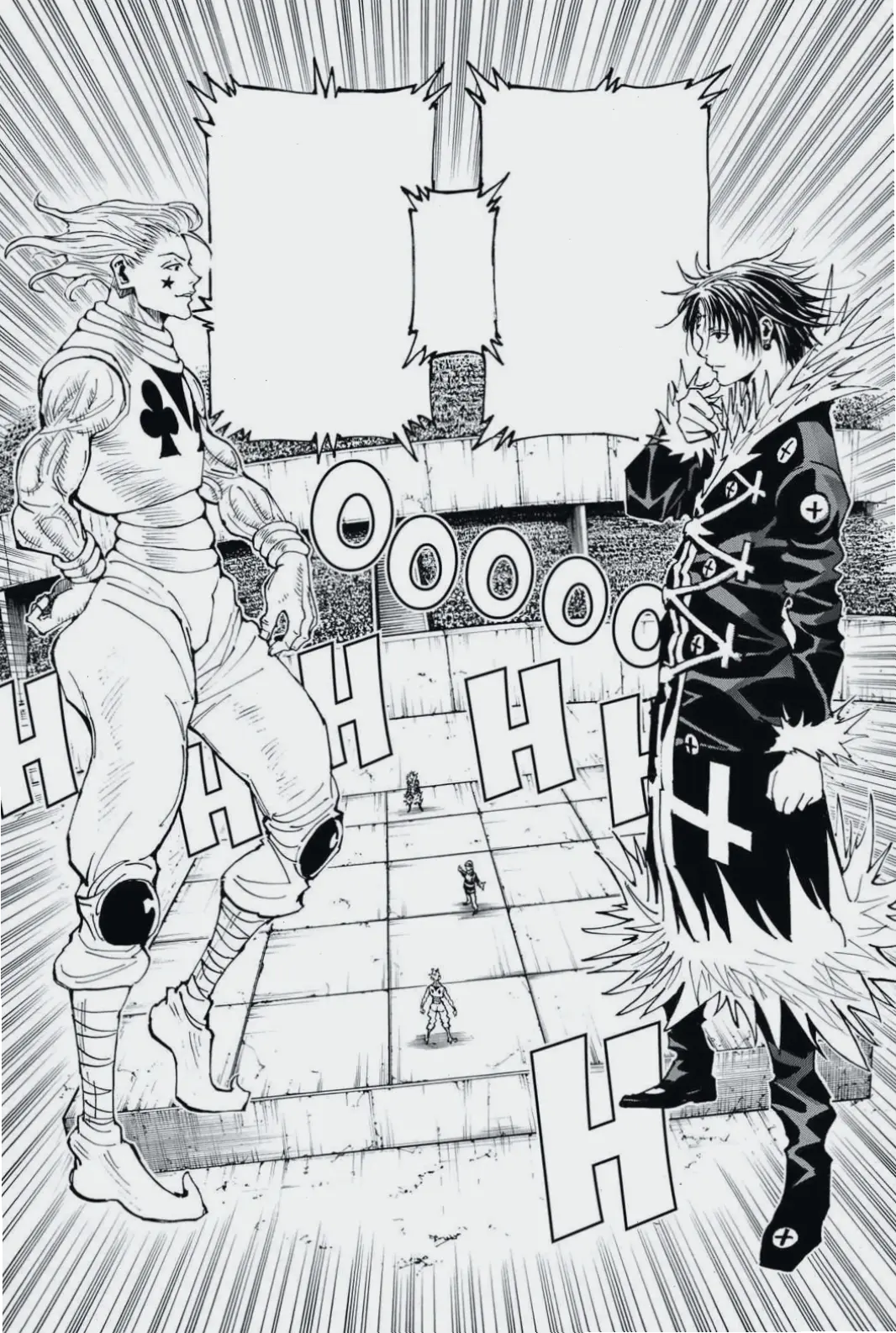 Hisoka vs Chrollo manga: Những trang truyện tranh tái hiện trận chiến kinh điển giữa hai cao thủ trong Hunter x Hunter.