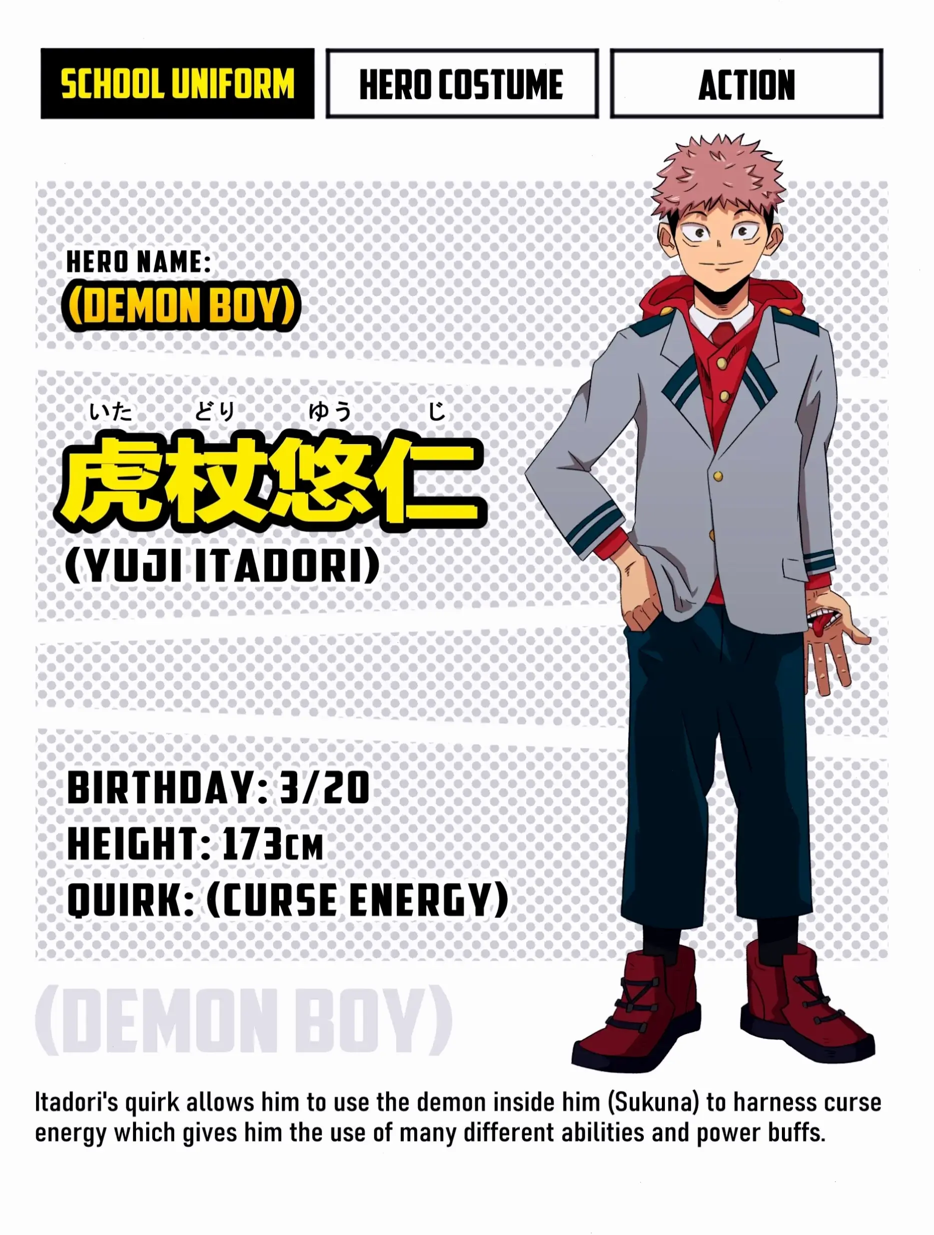 Itadori Yuji height 173 cm, chiều cao lý tưởng giúp anh linh hoạt trong các cuộc chiến ác liệt.