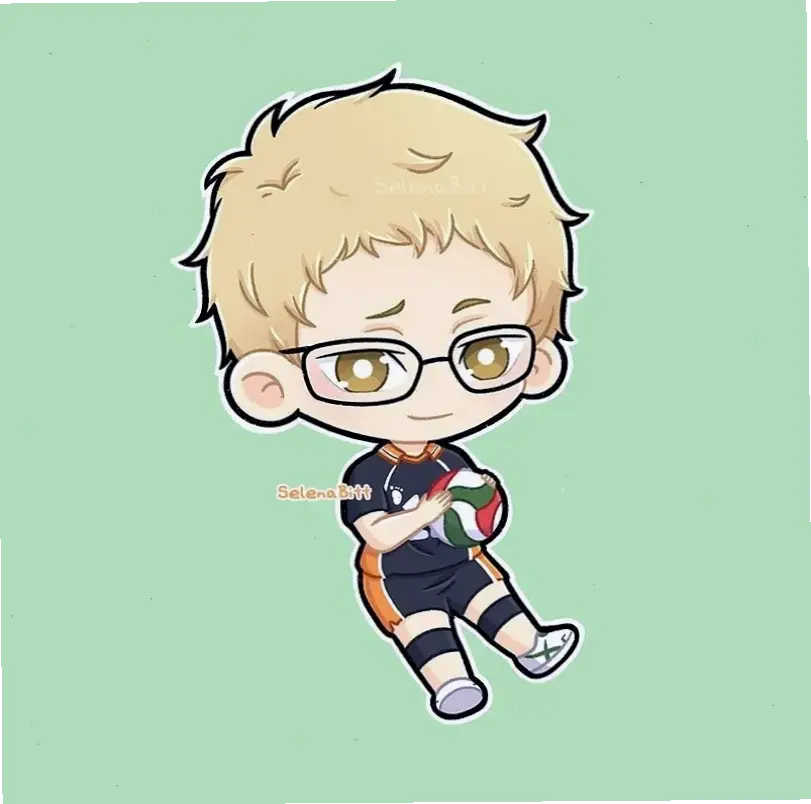 Tsukishima Kei chibi phiên bản dễ thương, với chiều cao và biểu cảm hài hước trong Haikyuu.