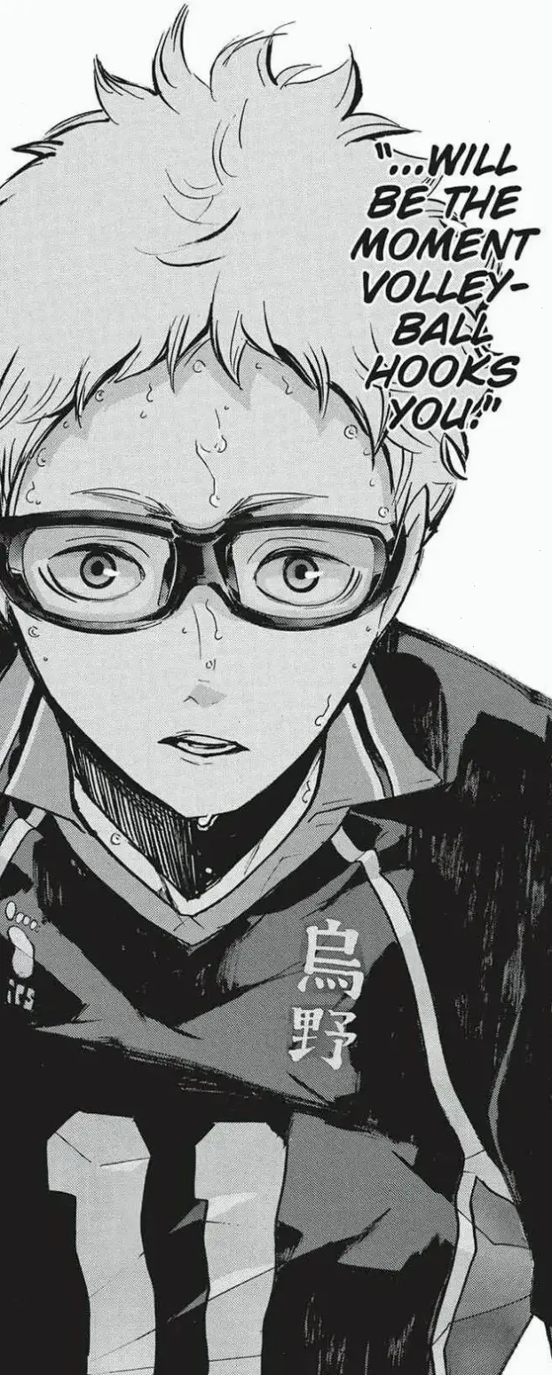 Tsukishima Kei manga thể hiện rõ nét tính cách châm biếm và kỹ năng bóng chuyền của anh trong truyện tranh Haikyuu.